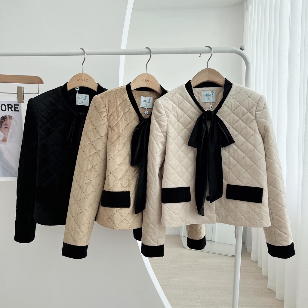 Áo Khoác Trần Bông Nữ MINZ STORE Mã 3341, Thiết Kế Viền Nhung Cổ Buộc Nơ Phong Cách Sang Trọng