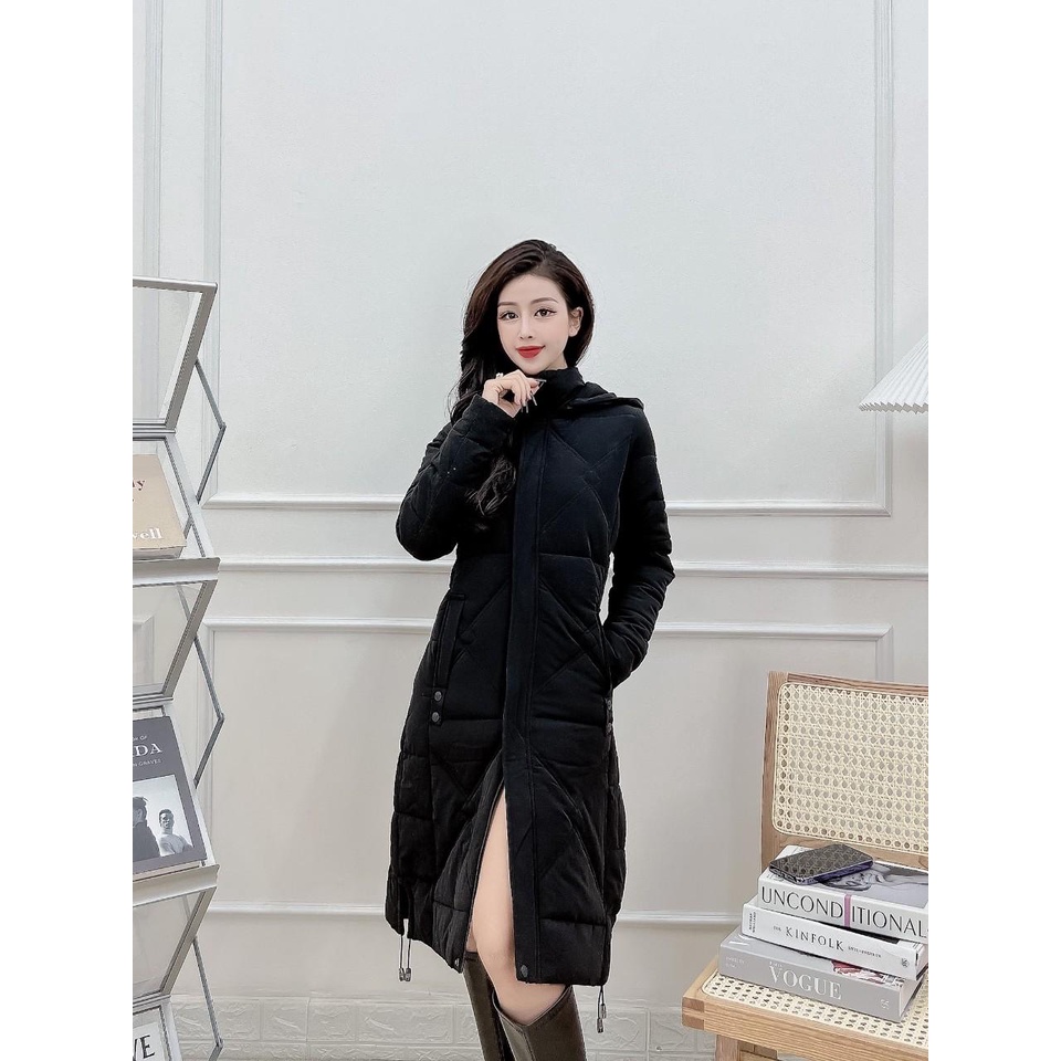 P921 -  Áo khoác phao nữ dáng dài siêu nhẹ dày ấm cản gió có mũ tháo rời