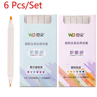 6PCS Highlighter Pen Markers Double-head Morandi Pastel Highlight Kawaii Brush Stationery School Supplies