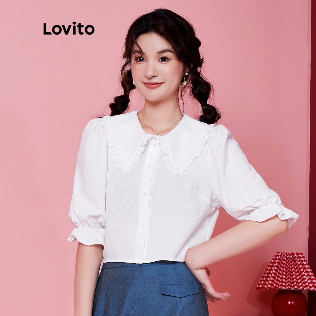 Lovito Áo sơ mi học viện cổ loe Peter Pan màu trơn L28AE050 (Trắng)