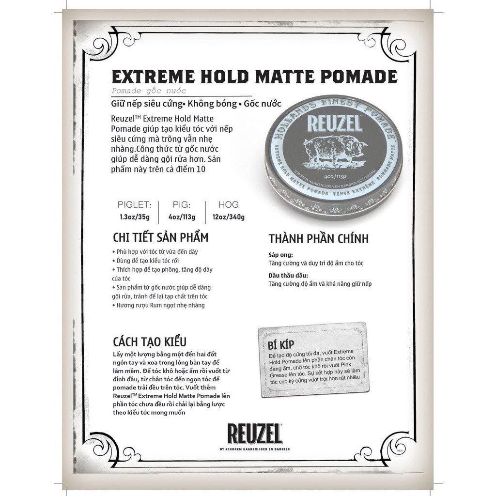 Sáp vuốt tóc Reuzel Extreme Hold Matte Pomade 35g - 113g - 340g, Pomade gốc nước giữ cao, không bóng