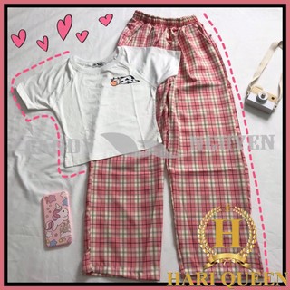 Sét áo croptop logo nhỏ + quần kẻ hồng hari0321
