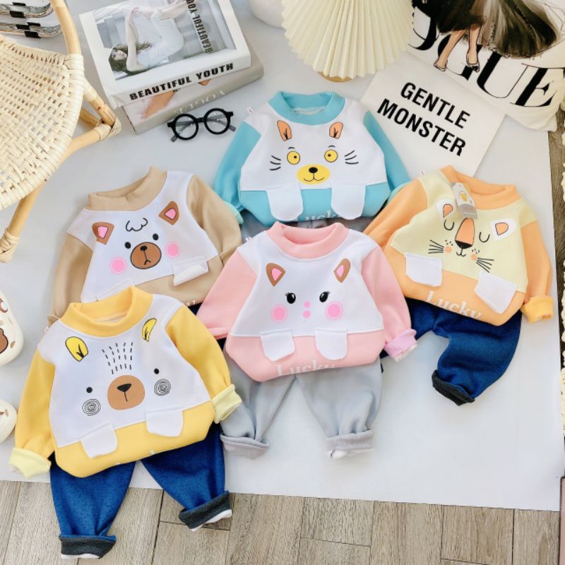 Bộ dài tay nỉ bông trẻ em ấm áp cho bé