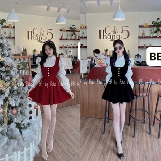 (có ảnh thật ) SET đầm nhung cổ sơ mi tay bồng siêu hách tuổi hàng thiết kế cao cấp VANDUONGfashion
