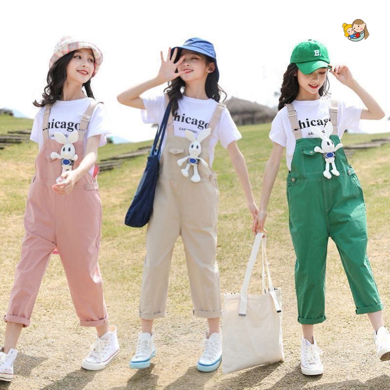 Set Áo Thun Ngắn Tay + Quần Yếm In Hình Thỏ Dễ Thương Thời Trang Mùa Hè Cho Bé Gái