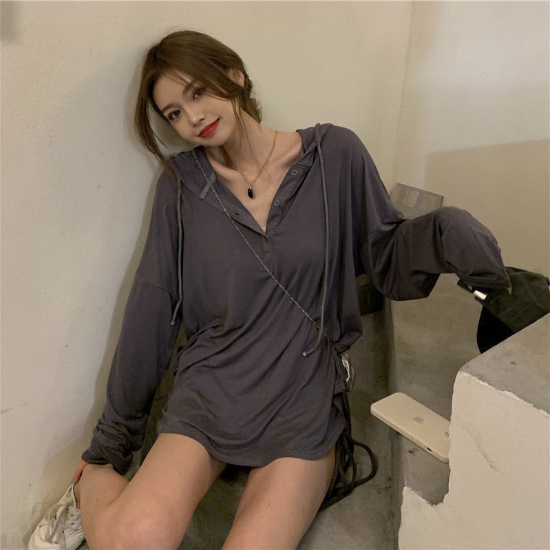 Áo Thun Nữ Dài Tay Có Mũ Trùm Đầu Phiên Bản Hàn Quốc Xuân Thu Phong Cách Mới