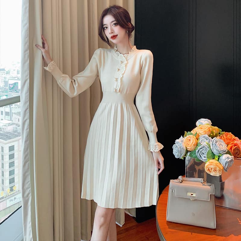 Váy Len Phối Viền Ren Quảng Châu Nữ Minz Store Mã 6023, Thiết Kế Dáng Dài Xếp Ly