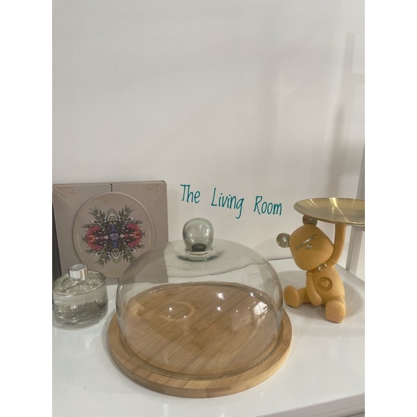 Chụp bánh kem thủy tinh, úp bánh thủy tinh kèm khay gỗ 29.5cm