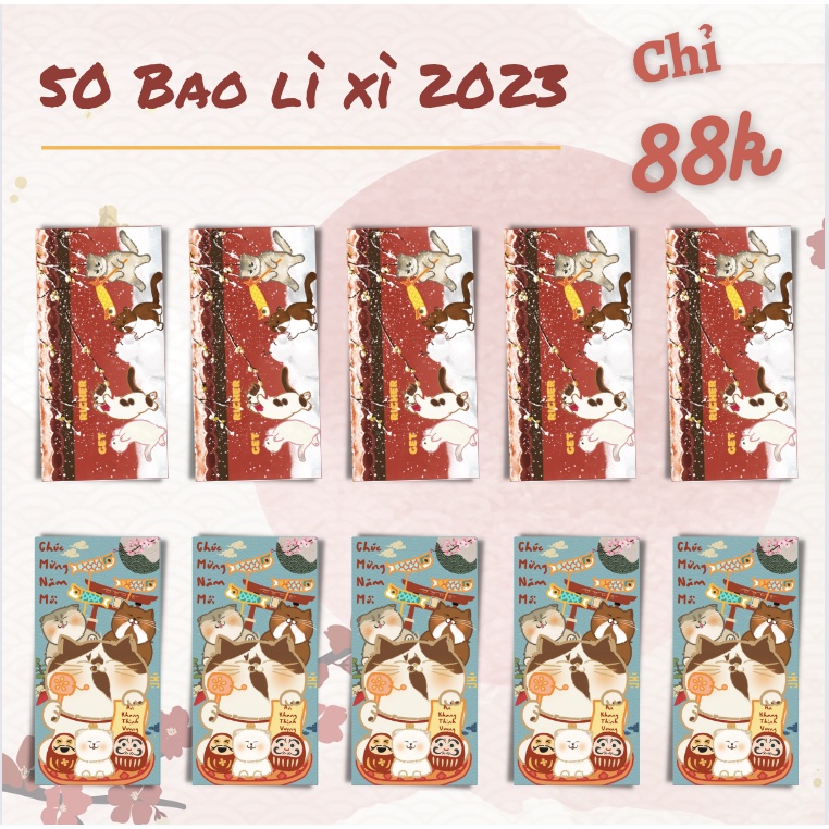 Set 50 bao lì xì mèo Tết Quý Mão 2023, bao lì xì độc quyền nhà Majibuuni