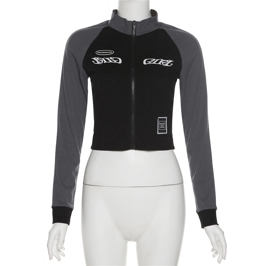 Áo kiểu WEIRD PUSS tay dài ôm dáng có khóa kéo in họa tiết chữ cái phong cách vintage cá tính dành cho nữ