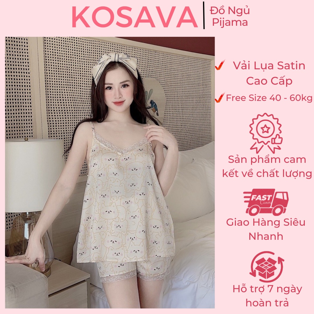 Đồ ngủ sexy nữ pijama mặc nhà bigsize 2 dây lụa cổ V phối ren cute cao cấp KOSAVA