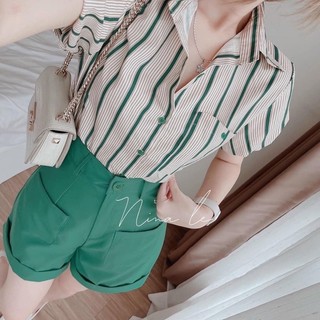 SET SƠ MI KẺ SỌC SHORT XANH