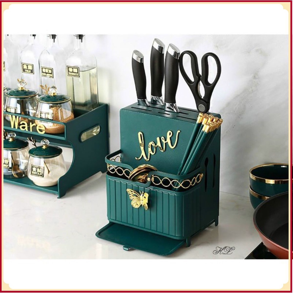 Ống cắm dao đũa thìa sắt xanh, kệ cắm dao sắt xanh cổ vit bắt mắt