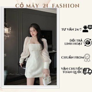 Đầm thiết kế, dự tiệc cổ vuông tay voan sang trọng