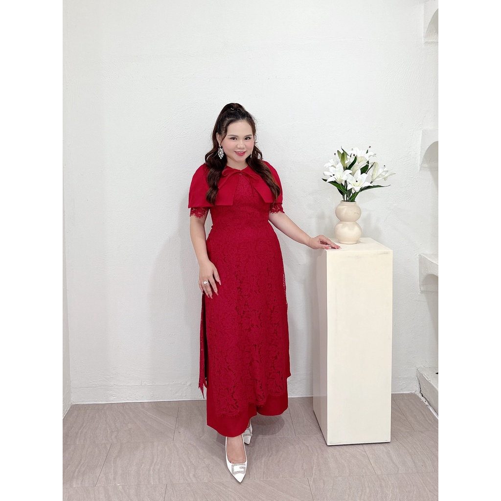 Áo Dài Nữ Bigsize , Áo Dài Cách Tân 3 Món Đắp Cổ Chất Ren Cao Cấp Che Khuyết Điểm Cho Người Mập 50.90kg