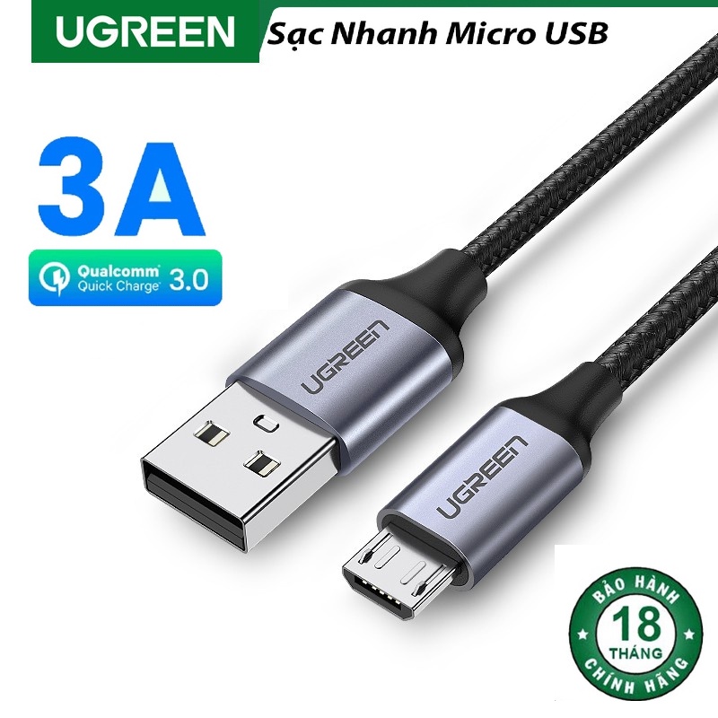 Cáp sạc Micro USB Ugreen, sạc nhanh QC 3.0 3A 5V, truyền dữ liệu tốc độ cao, dây dù, bảo hành 18 tháng