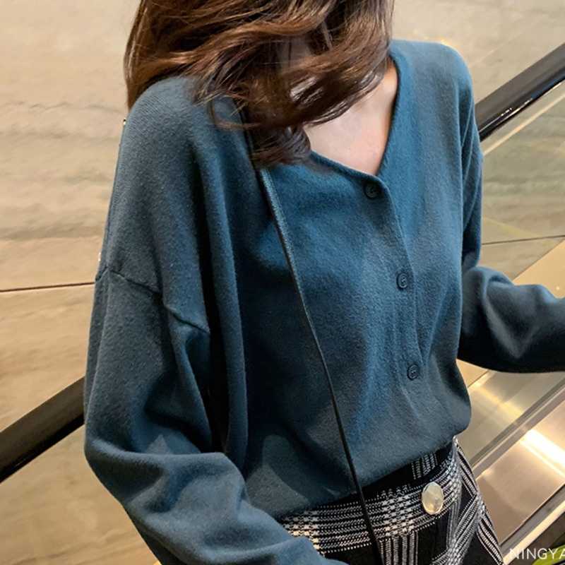 Áo Khoác Cardigan Dệt Kim Tay Dài Cổ Chữ v Màu Sắc Đơn Giản