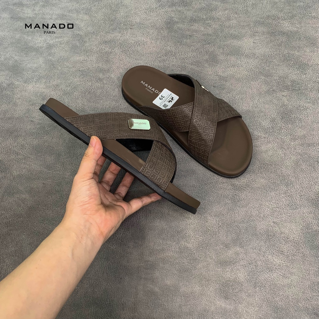 Dép da nam quai chéo cao cấp Manado Mã MND10 màu nâu fullbox, quai da mềm mại, đế cao su thiết kế chắc chắn