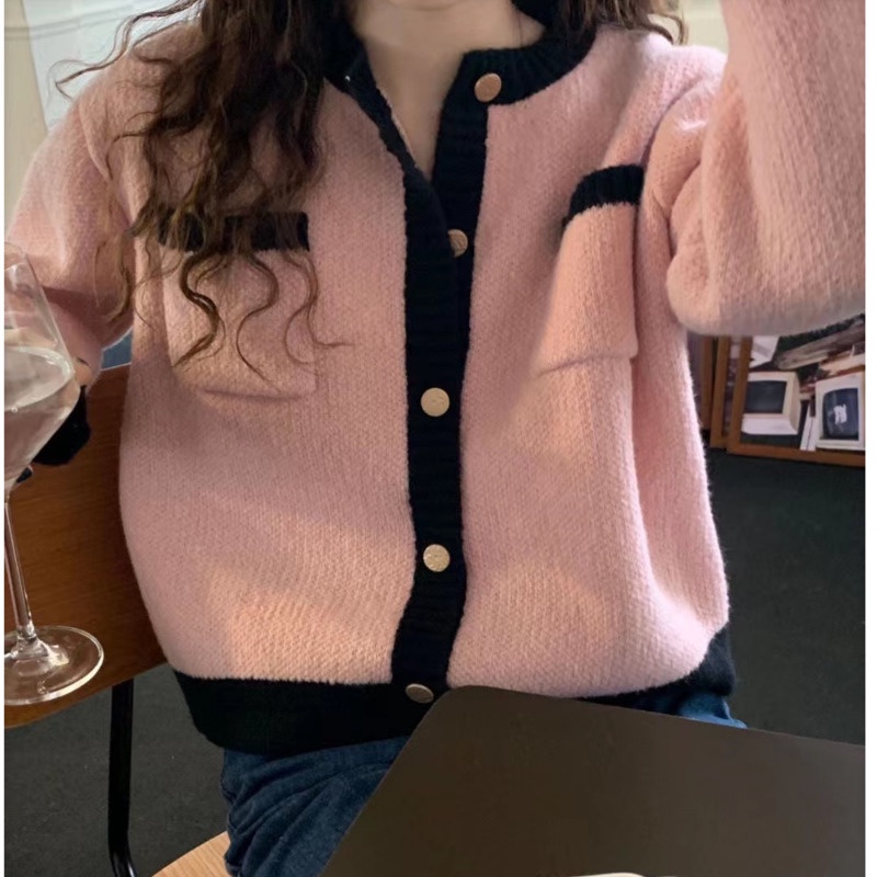 Áo Khoác Len Tay Dài Dáng Rộng Màu Tương Phản Thời Trang Mùa Thu Phong Cách Hàn Quốc