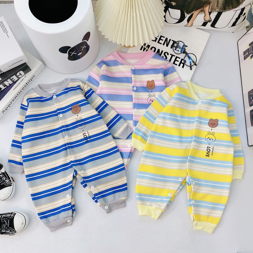 Body nỉ lông bộ liên thân nỉ bông kẻ ngang cúc giữa cho bé