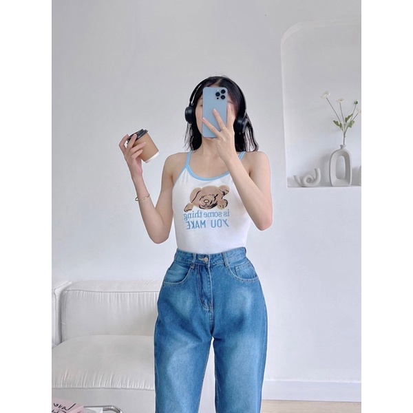 Áo dây thêu gấu viền màu dễ thương