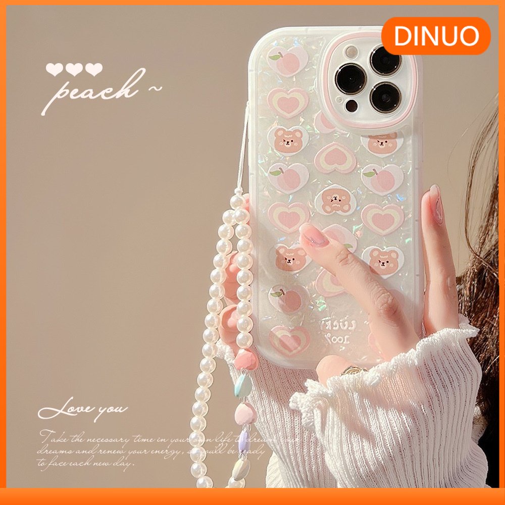 Ốp lưng iphone Ốp Điện Thoại Hình Trái Đào Gấu Đính Ngọc Trai Kèm Dây Đeo Cho Iphone 11 Pro Max XR 13 Pro Max Dinuo case-III