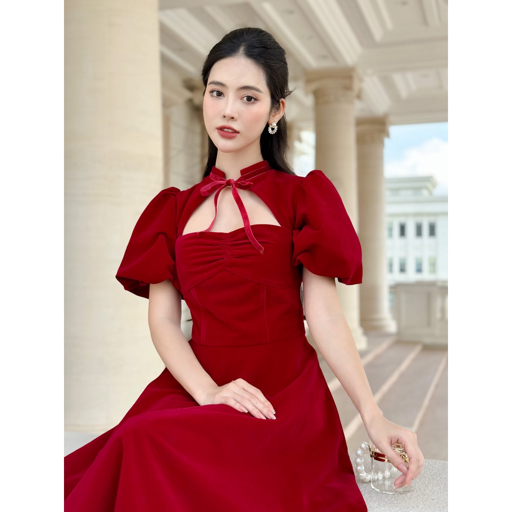 Váy nhung tay bồng 2 lớp dày dặn dự tiệc YV126 Ruby ĐỎ YAME