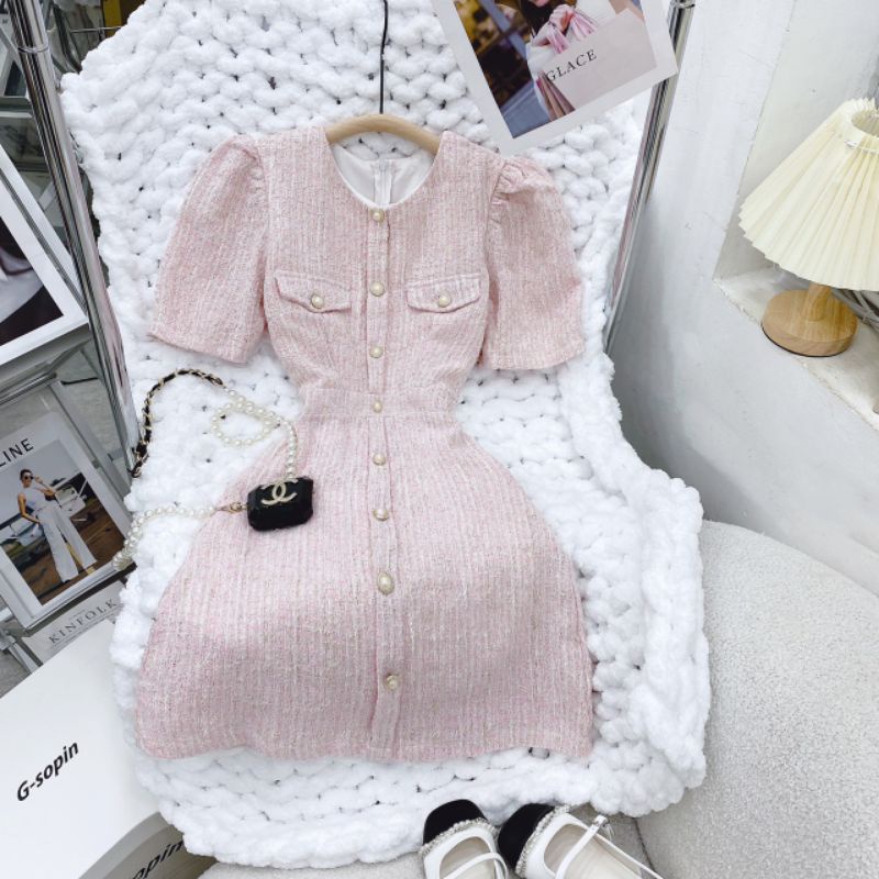 ĐẦM HỒNG PASTEL CHẤT VẢI DẠ TWEED