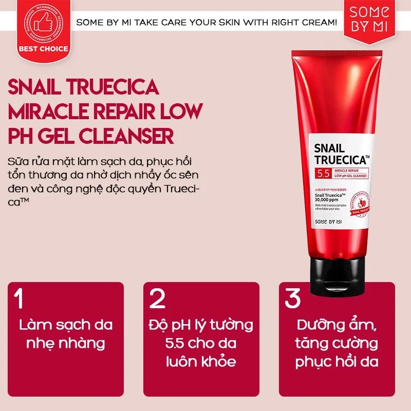 Sữa Rửa Mặt Ốc Sên Some By Mi Snail Truecica Miracle Repair Low PH Gel Cleanser Dưỡng Ẩm, Phục Hồi Da 100ml