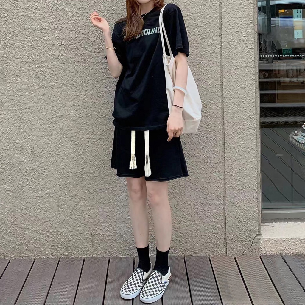 PunkyRabbit Quần thể thao nữ thứ năm cạp cao dây rút ống rộng Phong cách giản dị short mùa hè