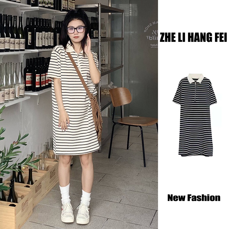 Đầm polo ZHELIHANGFEI dệt kim ngắn tay dáng rộng kẻ sọc cá tính thời trang