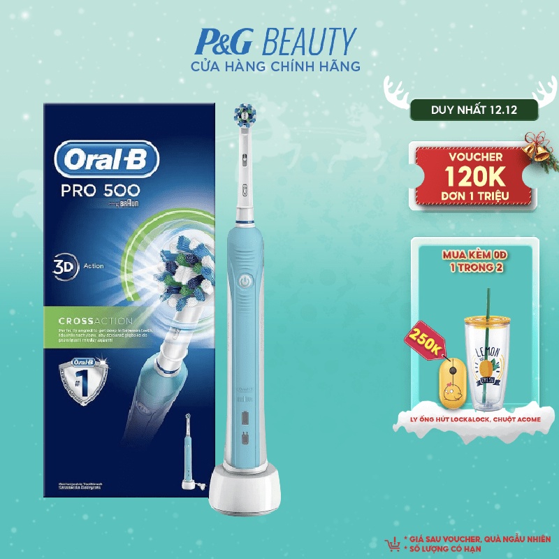 Bàn chải điện Oral-B Pro 500 Cross Action loại bỏ thêm đến 100% mảng bám