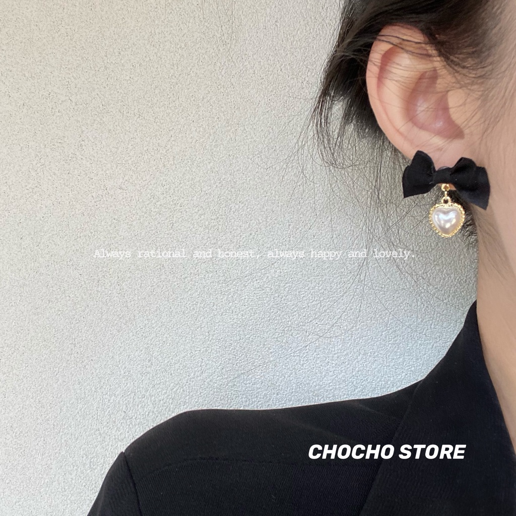 Hoa tai AY hình nơ màu đen đính ngọc trai phong cách Hàn Quốc cho nữ