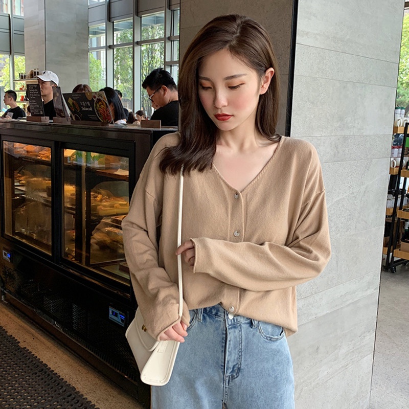Áo Khoác Cardigan Dệt Kim Tay Dài Cổ Chữ v Màu Sắc Đơn Giản