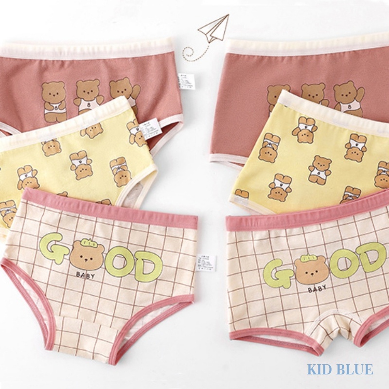 Quần Lót Lụa Sọc Ca Rô Kháng Khuẩn Kiểu Hoạt Hình Gấu Đáng Yêu Cho Bé Gái