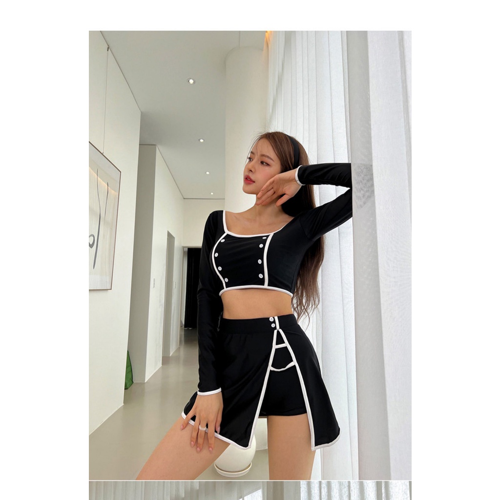 Mẫu mới 2023 Bikini 2 mảnh Hàn Quốc bộ đồ bơi dài váy, váy quần kín đáo đen viền trắng đính nút mới lạ hot hit