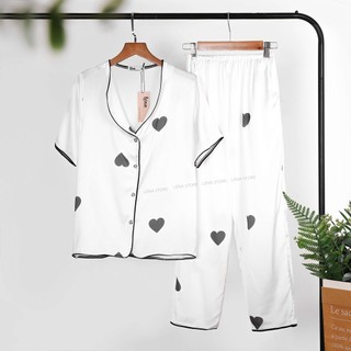 Bộ pijama Lụa Trắng Tim Đen tay ngắn quần dài