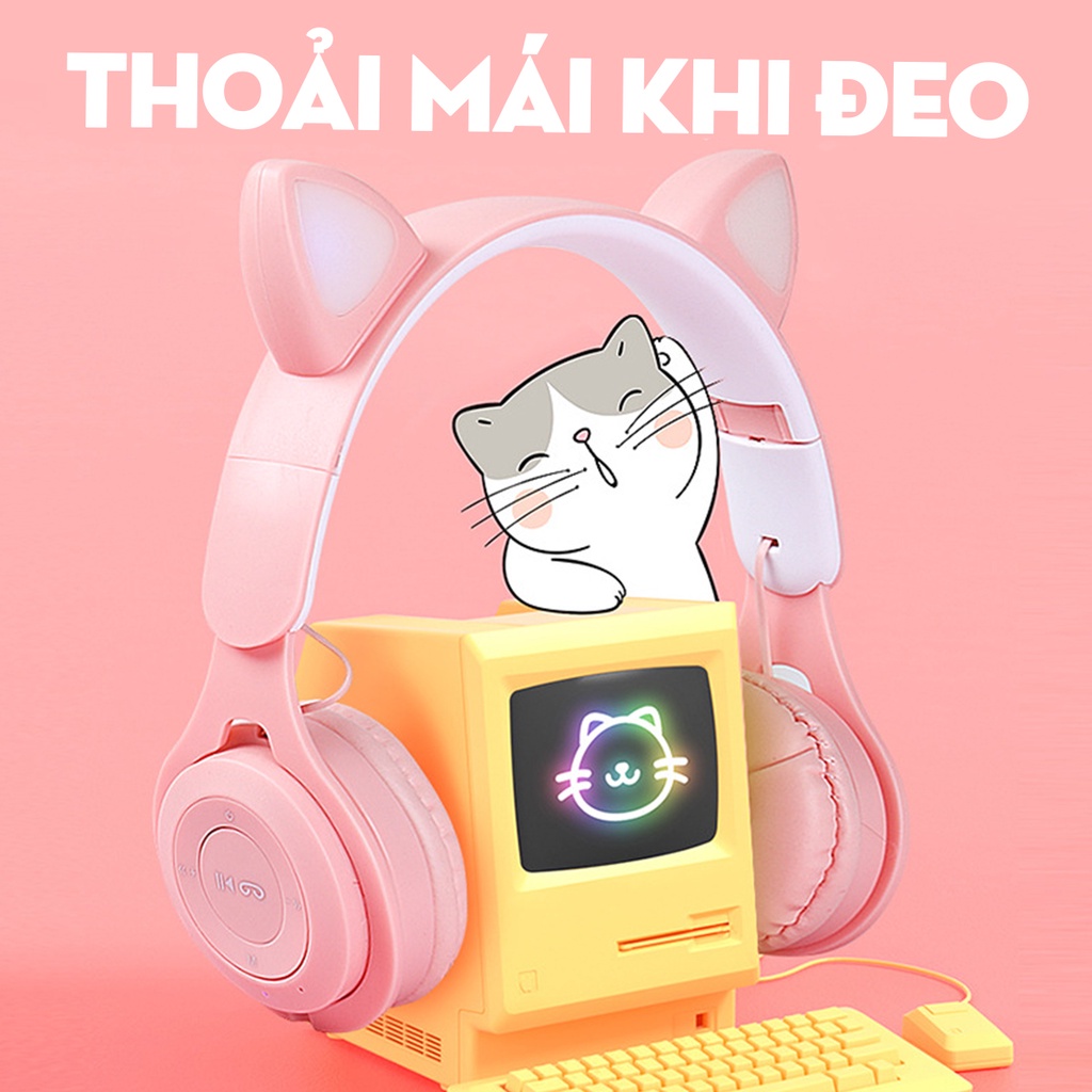 Tai Nghe Bluetooth Chụp Tai Cao Cấp - Tai Nghe Over Ear Không Dây Thiết Kế Tai Mèo Dễ Thương - Âm Bass Đỉnh Cao - Kết Nố
