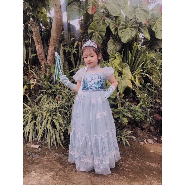 Váy công chúa Elsa màu xanh cho bé gái 3-10 tuổi