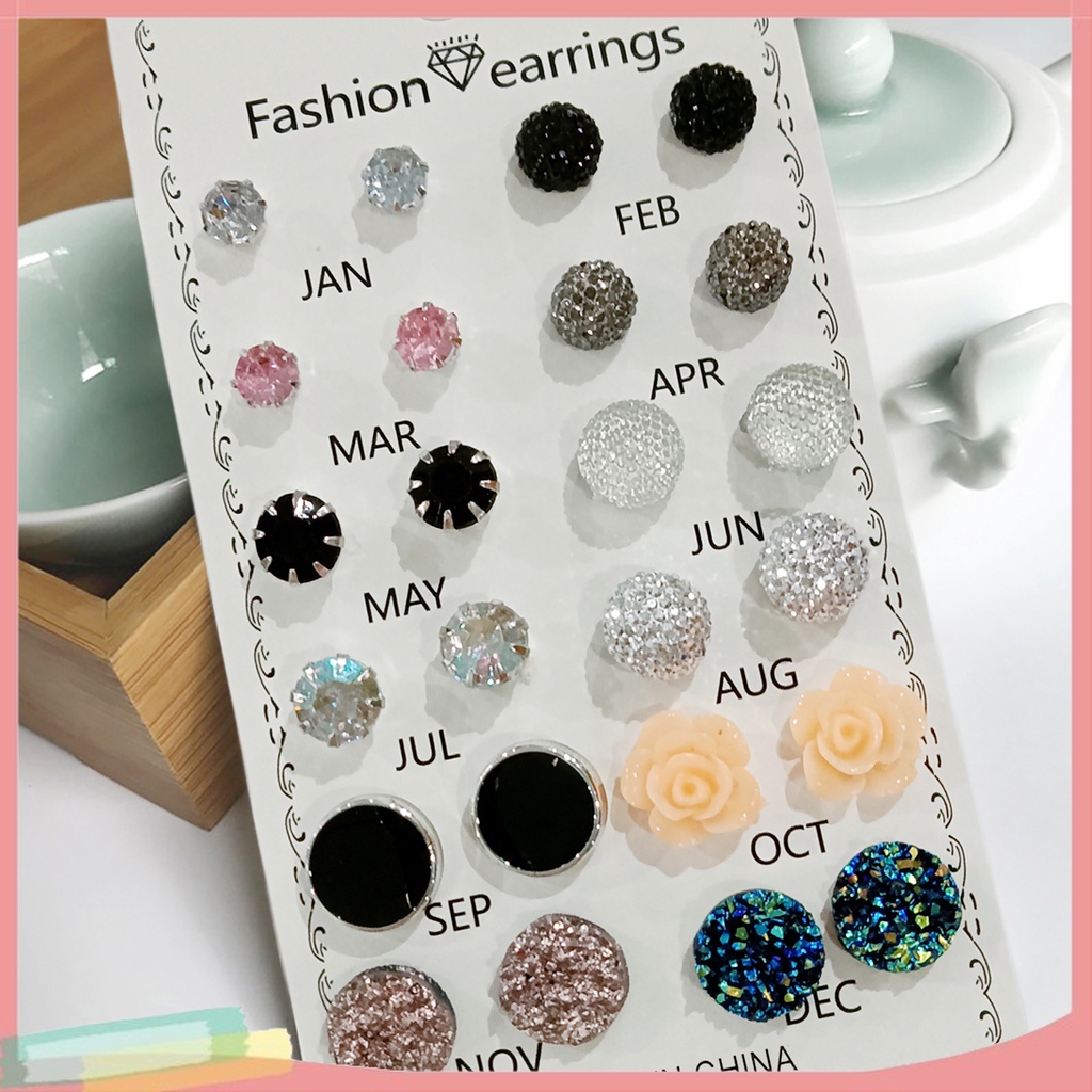 Set 12 Đôi Khuyên Tai Tròn Đính Đá Phong Cách Sang Trọng Thời Trang Cho Nữ