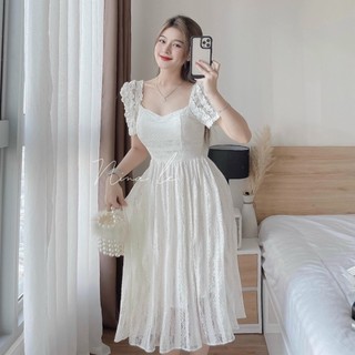 Đầm midi trắng ren hoa cổ vuông khoét lưng dự tiệc dáng suông xòe mẫu nina lê