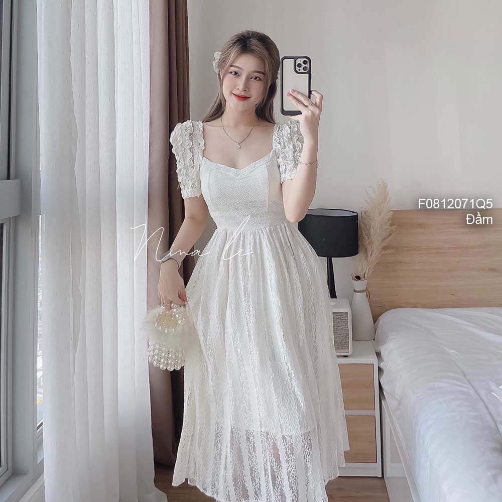 Đầm xòe ren tiểu thư hở lưng thắt dây nơ sau tay ngắn phối viền bèo hàng QC