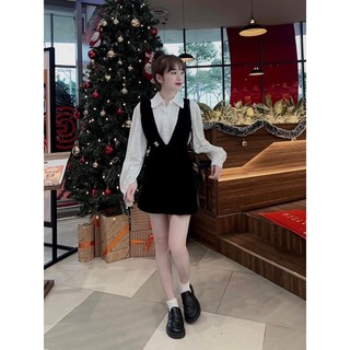 Set áo sơmi trắng và yếm nhung phối đính đá