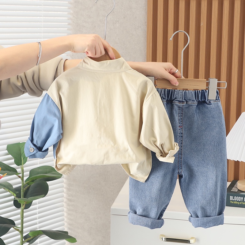 Bộ Áo Sơ Mi Tay Dài + Quần Denim Phong Cách Hàn Quốc Thời Trang Mới Cho Bé Trai Gái Kích Thước 80-120cm