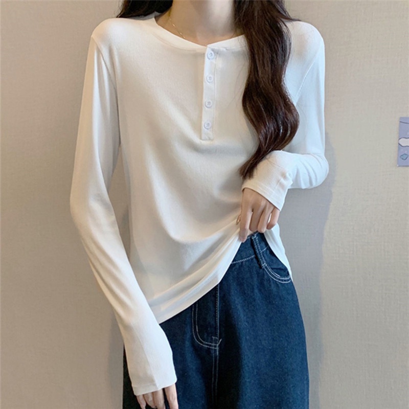 Áo Tay Dài Dày ấm Áp Nữ Có Nút Màu Trơn Co Dãn Phong Cách Hàn Quốc 2 Màu, Áo Dáng Ôm