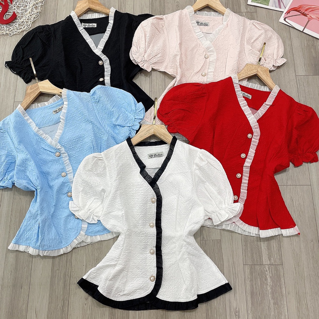 Áo kiểu gấm xốp xòe viền phối lưới