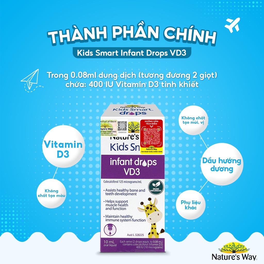 Combo 2 Siro Uống Nature's Way Kids Smart Drops DHA Và Infant Drops VD3 Bổ Sung Vitamin D Cho Bé Hộp 20ml và 10ml