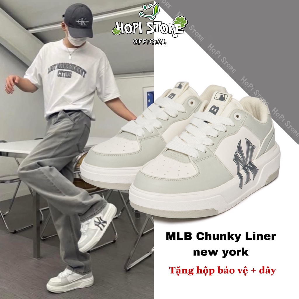HoPi | Giày Sneaker MLB Chunky Liner, Màu Xám Tăng Chiều Cao 5cm, MLB NY, giày thể thao nam nữ.