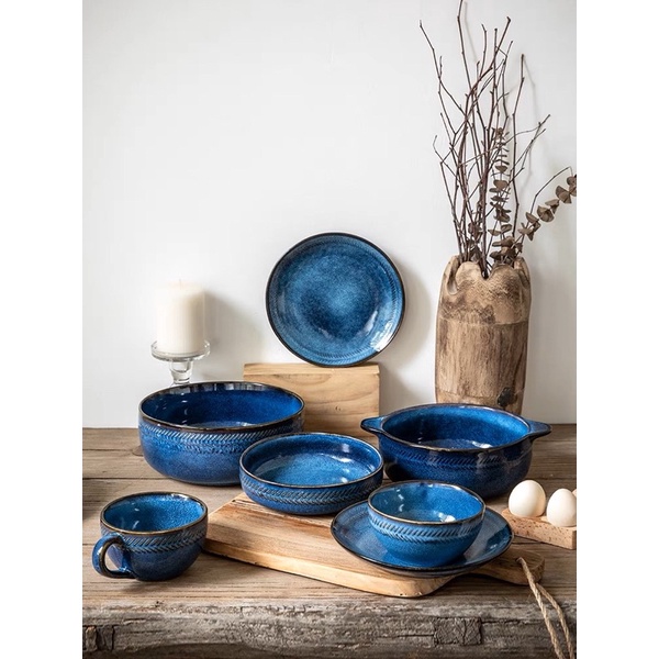 Bộ bát đĩa gốm sứ Ice Blue retro phong cách Bắc Âu men hỏa biến