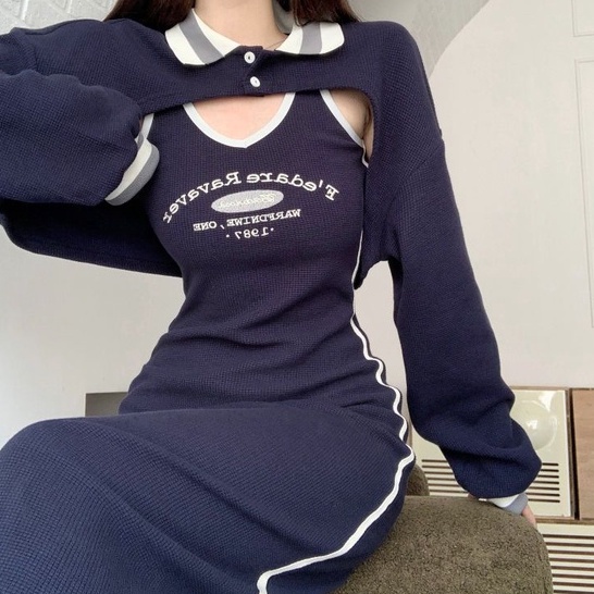 Đầm Nữ Dài Tay Cổ Bẻ Form Rộng Thời Trang Hàn